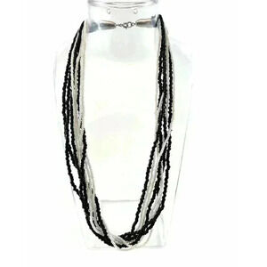 Cluster Layered Black and White Tiny Seed Bead Multi Strand Necklace 17" Long